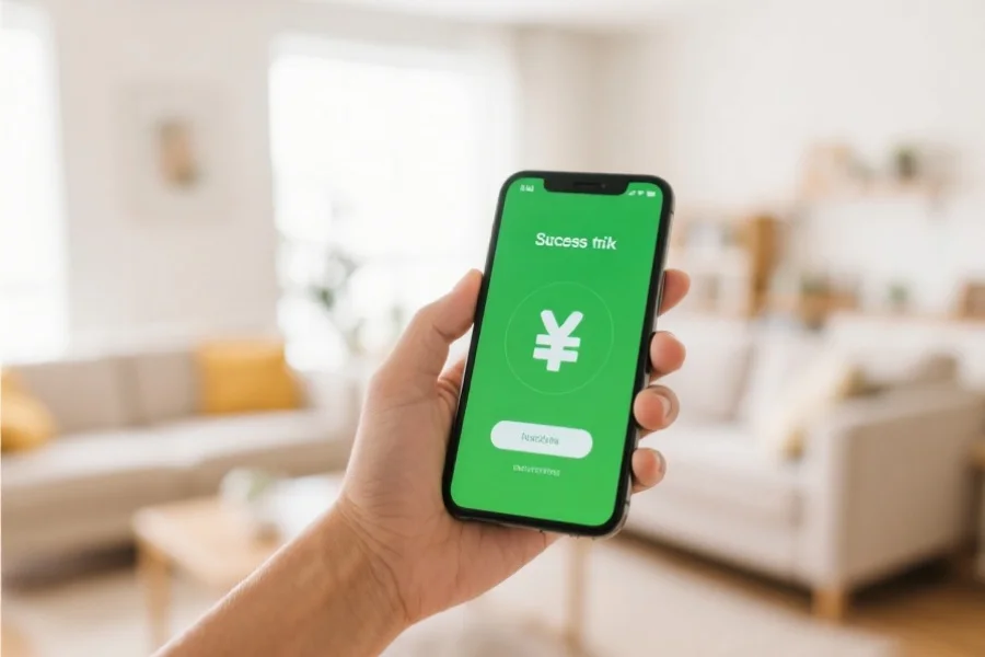 一只手正拿着智能手机,屏幕上显示着成功提现的提示,背景为明亮的家庭环境
