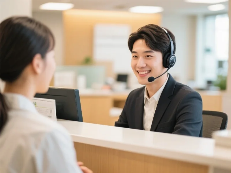 一名年轻客服代表微笑着与客户互动,背景是温馨的服务台环境,展现专业与友善