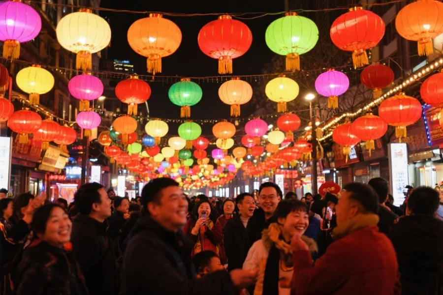 春节期间的中国街头夜景,五彩灯笼高挂,人们喜笑颜开地参与节日庆典